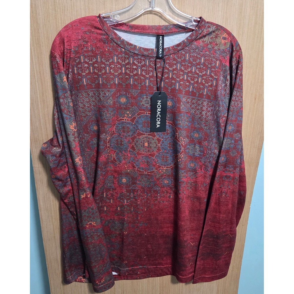 Noracora Womens XL Red‎ Bohemian Medallion Print Long Sleeve Jersey Top NWT